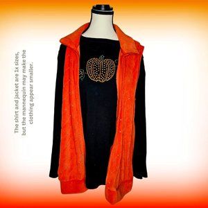 Festive Fall Pumpkin Long-sleeve Back Shirt Coupled With Orange Rhinestone Vest